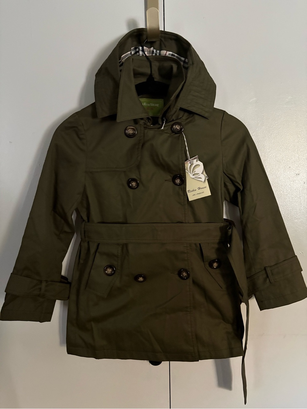Children's Double-Breasted Pea Coat in Olive Green with Hood